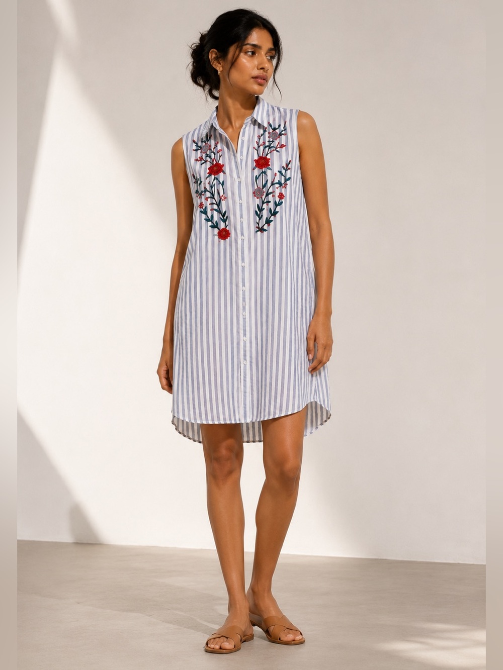 Zara Basic 1975 Denim Embroidered Striped Sleeveless Shirt Dress – M